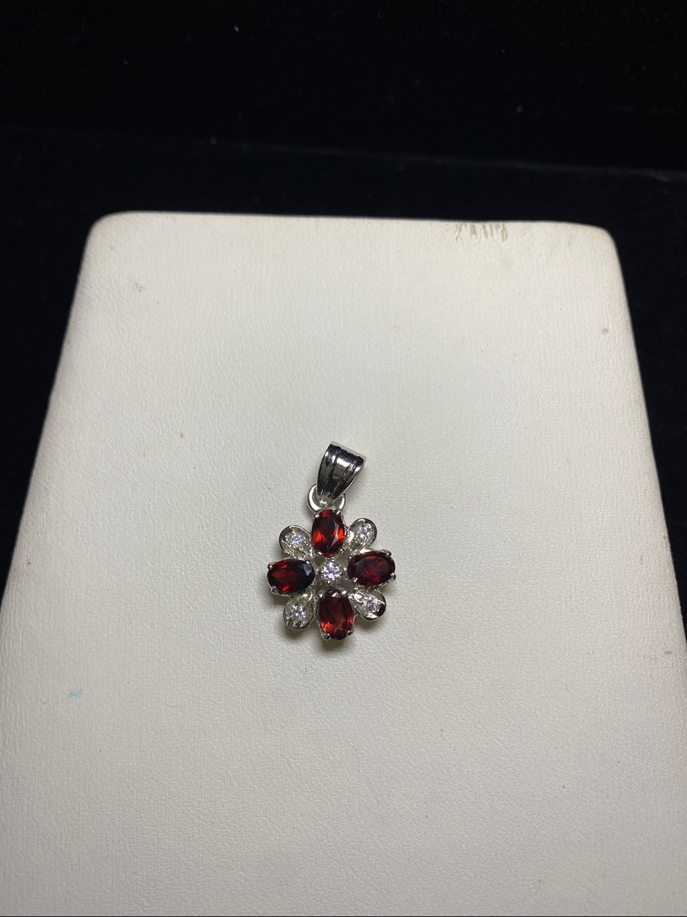 .925 Genuine Garnet Floral 4 Stone Petals with 5 Clear Jan Birthstone pendant